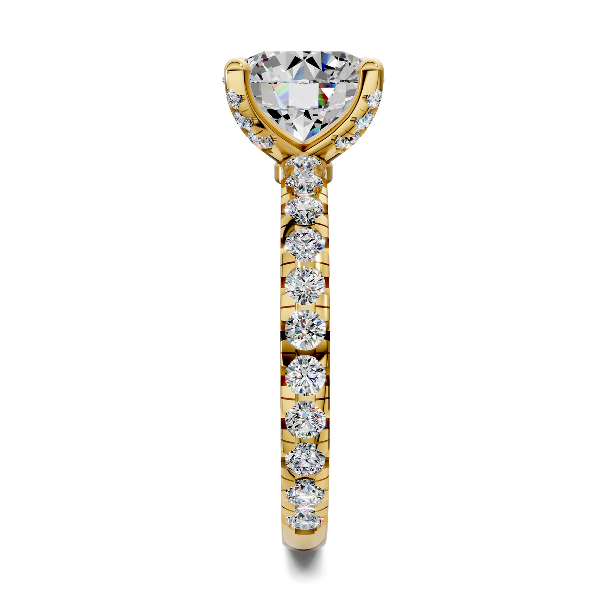 Yellow gold vertical diamond accent ring with round stones and claw-set top