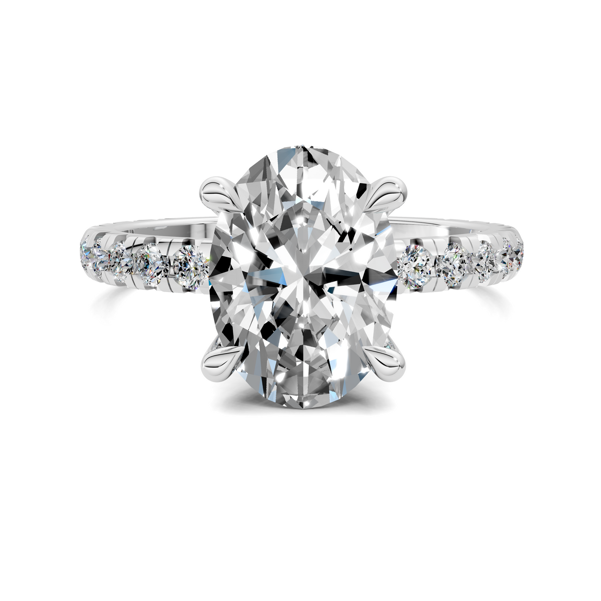 White gold claw accent ring with large round center stone and diamond side accents