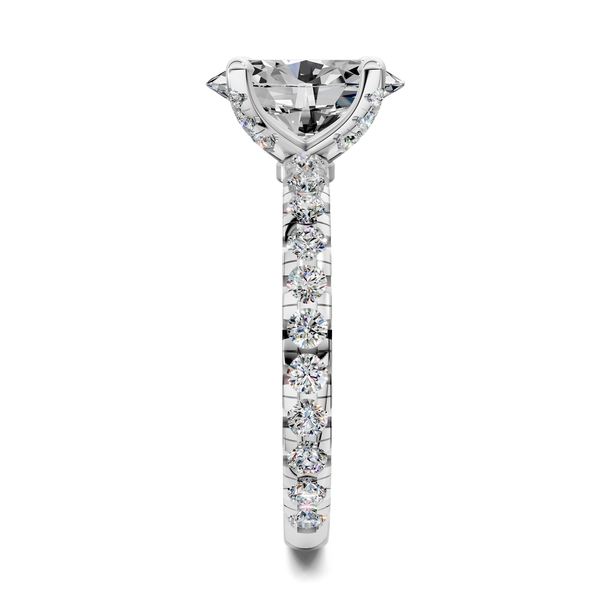 White gold claw accent ring vertical view with round center stone and stacked diamonds