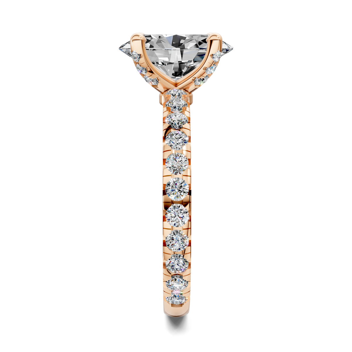 Rose gold claw accent ring vertical view with round center stone and row of diamonds
