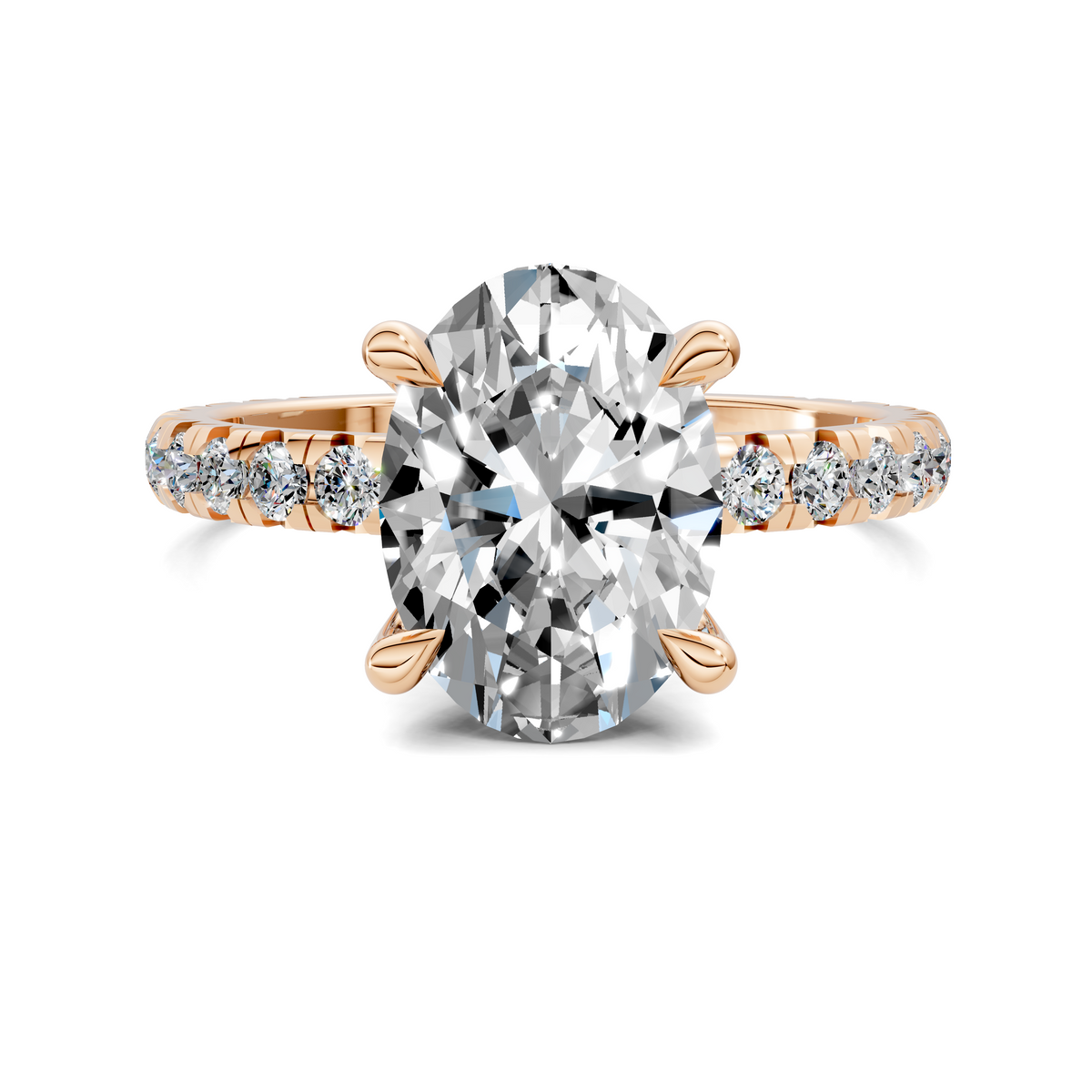 Rose gold claw accent ring with large round center stone and side diamond accents