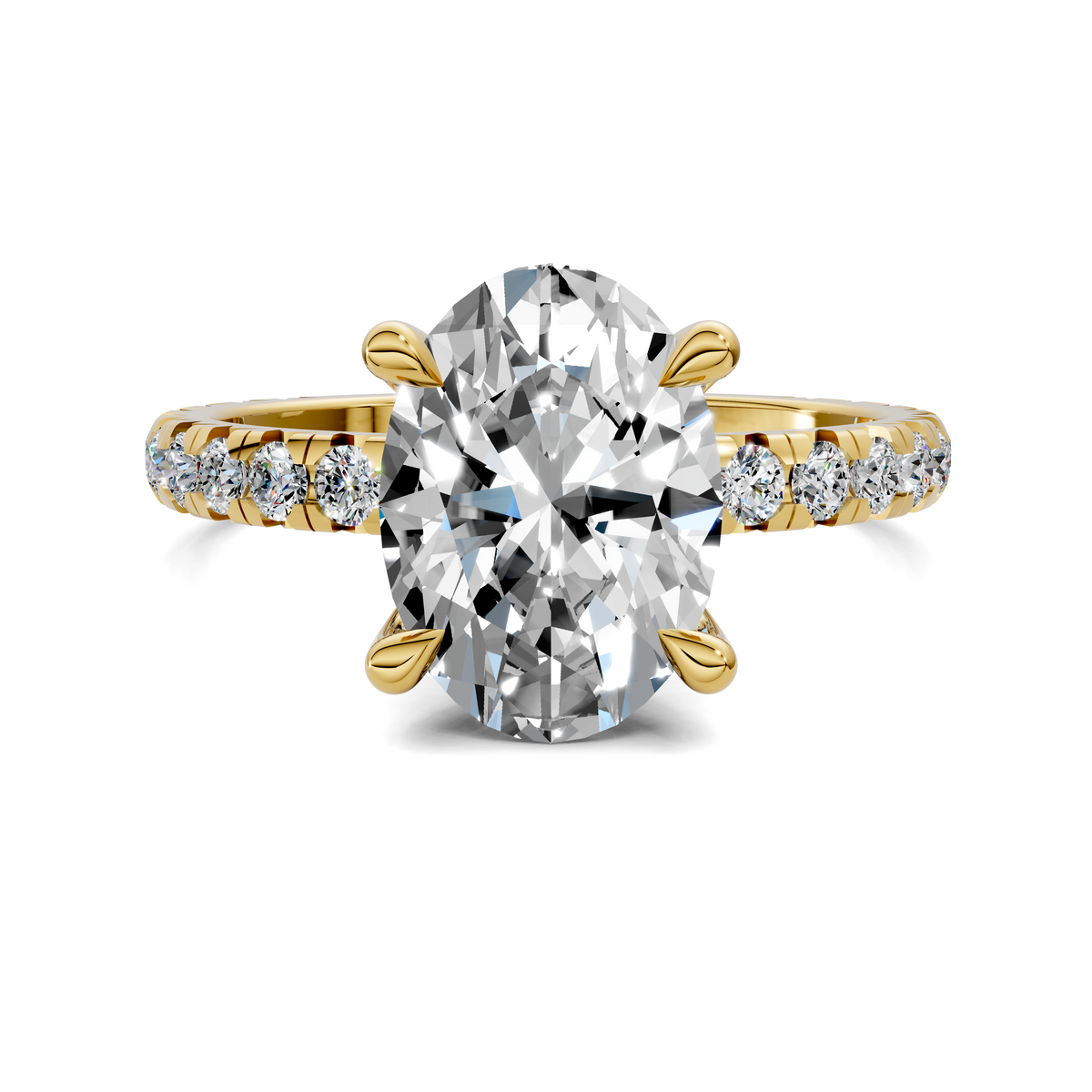 Yellow gold claw accent ring with large round center stone and diamond side accents