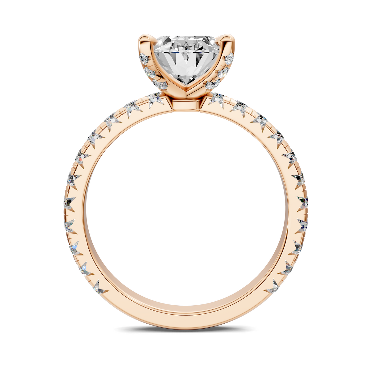 Rose gold claw accent ring top view with open band and sparkling side stones
