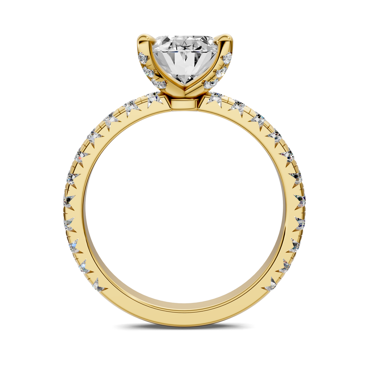 Gold claw accent ring with pear-shaped center stone and round diamond halo bands