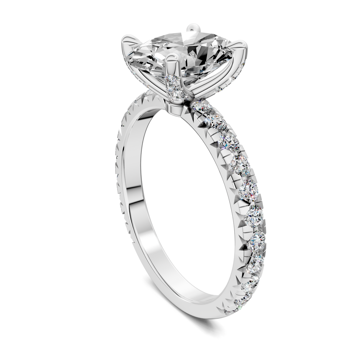 White gold claw accent ring angled view with round center stone and side diamond row