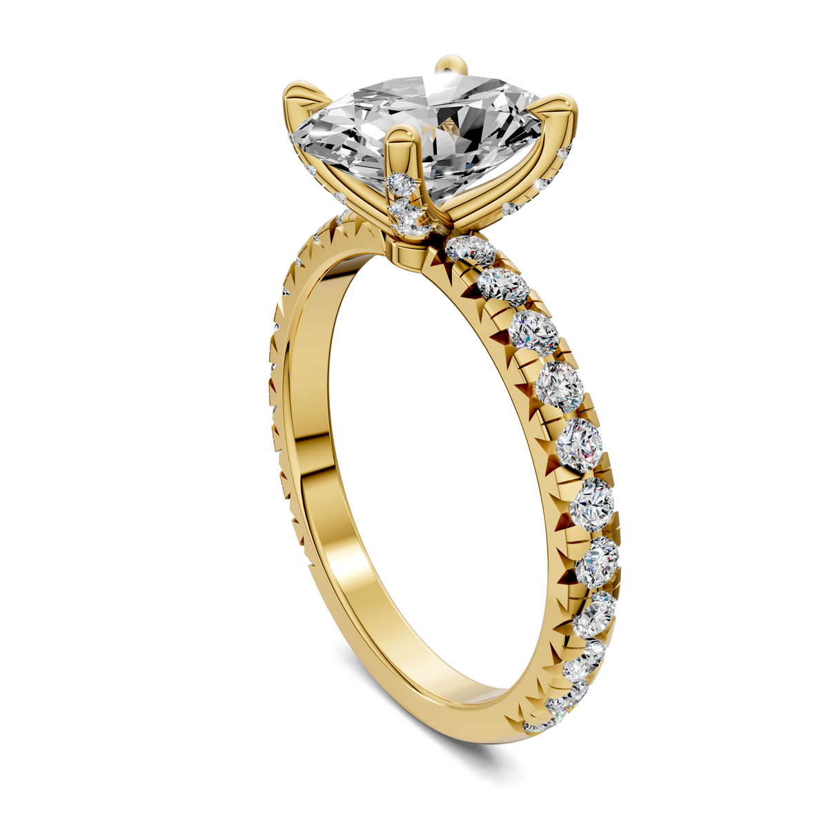 Yellow gold claw accent ring angled view with round center stone and diamond halo