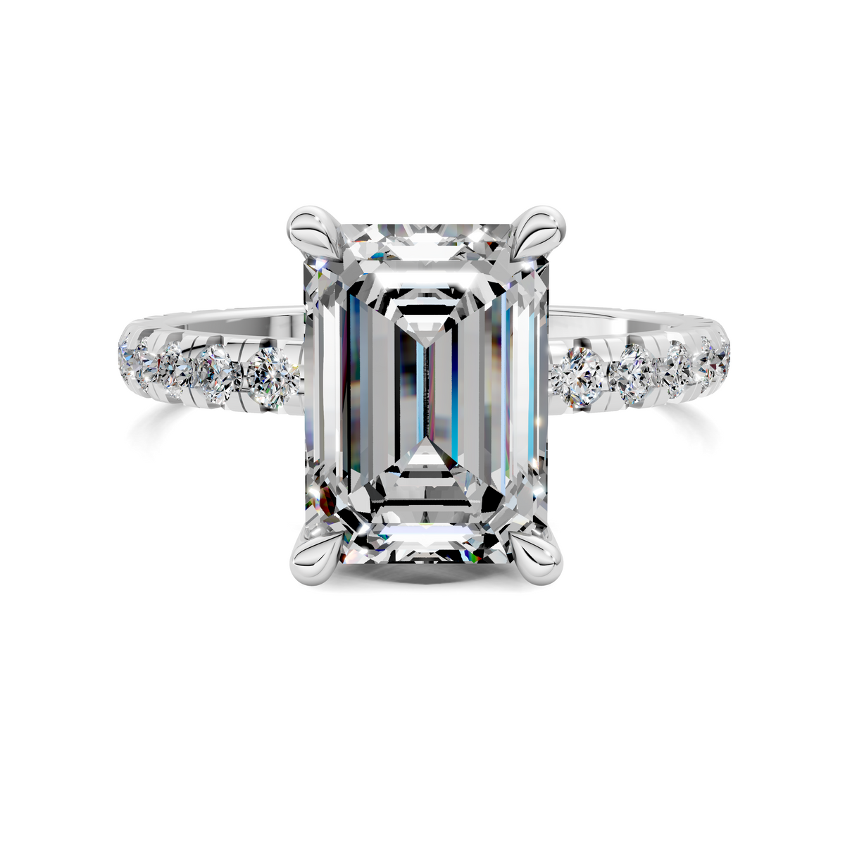 Claw-set emerald-cut accent ring in white gold with baguette side diamonds