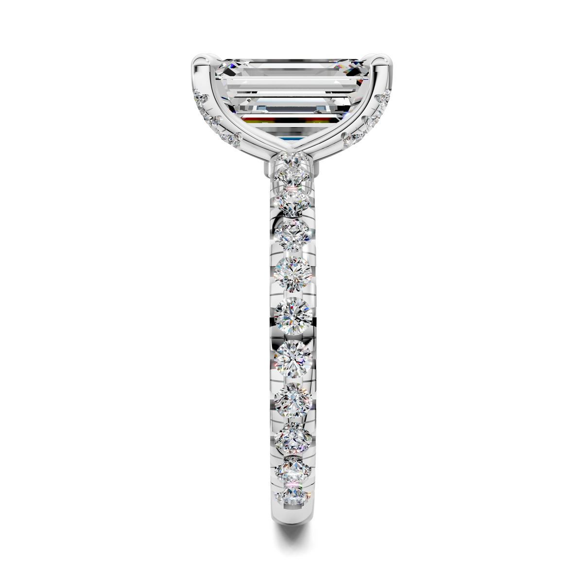 White gold vertical prong ring with emerald-cut center and round diamond drops