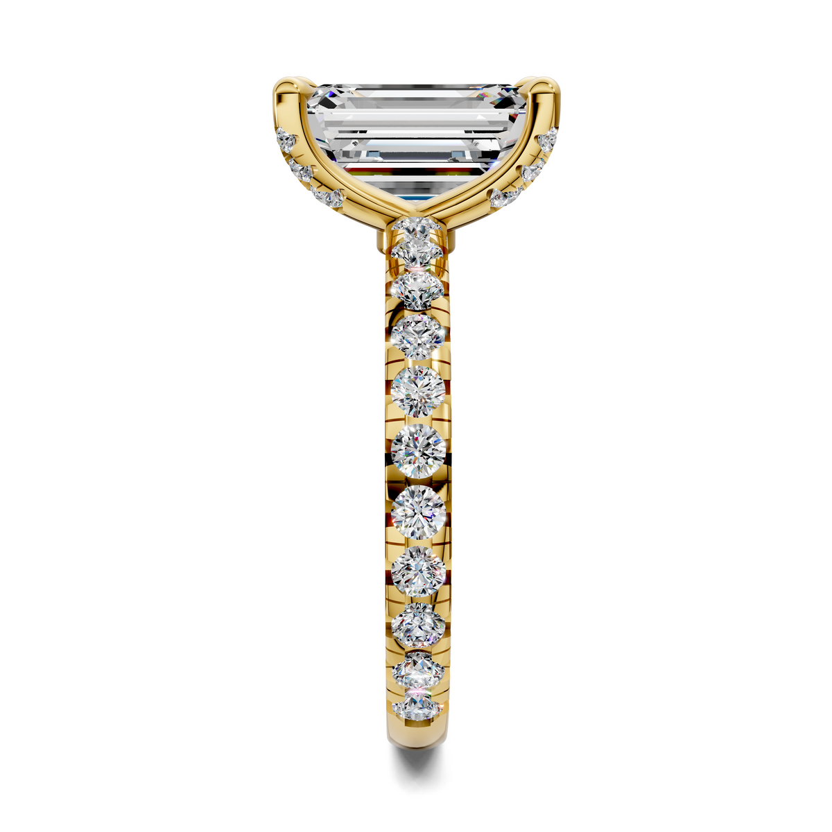 Yellow gold vertical prong ring with emerald-cut center and round diamond drops