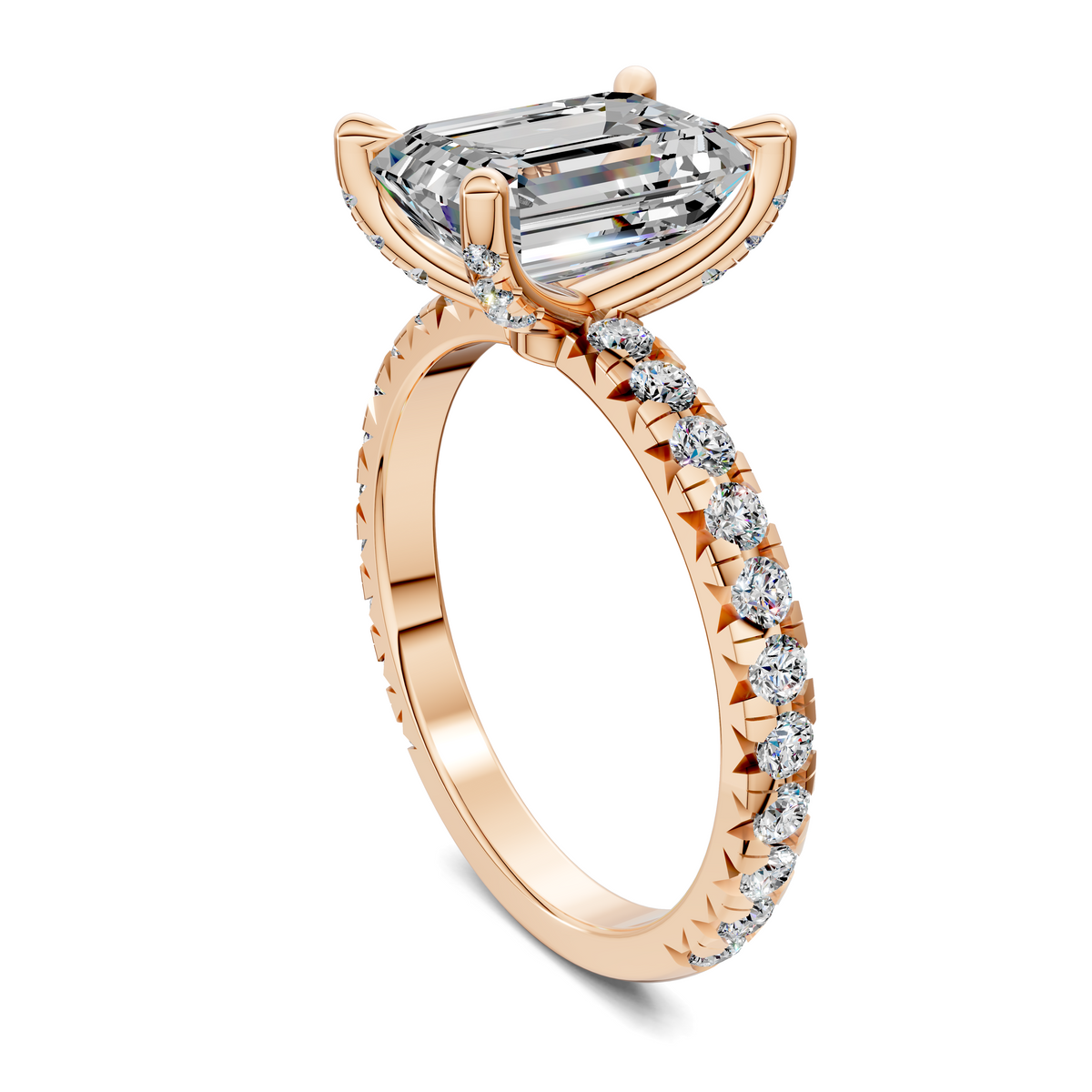 Rose gold claw-set emerald-cut ring with diamond halo and prong-set band