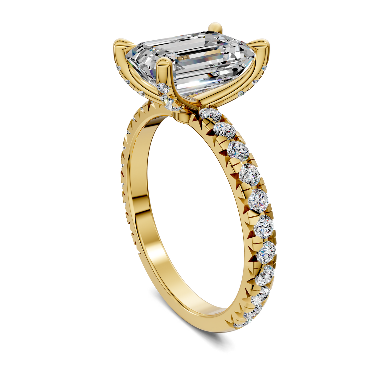 Yellow gold claw-set emerald-cut ring with diamond halo and prong-set band