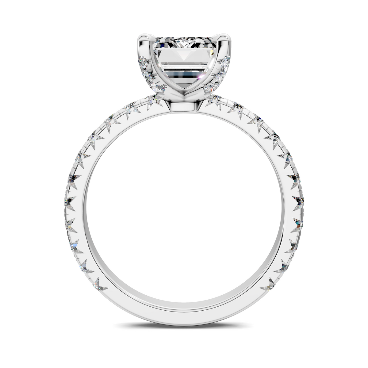 White gold emerald-cut claw ring with diamond sidestone border on shank