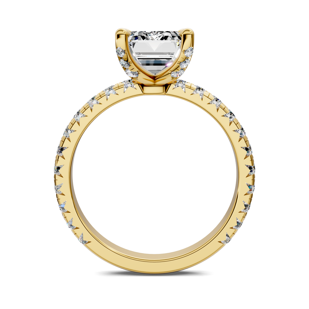 Yellow gold emerald-cut claw ring with diamond sidestone border around band
