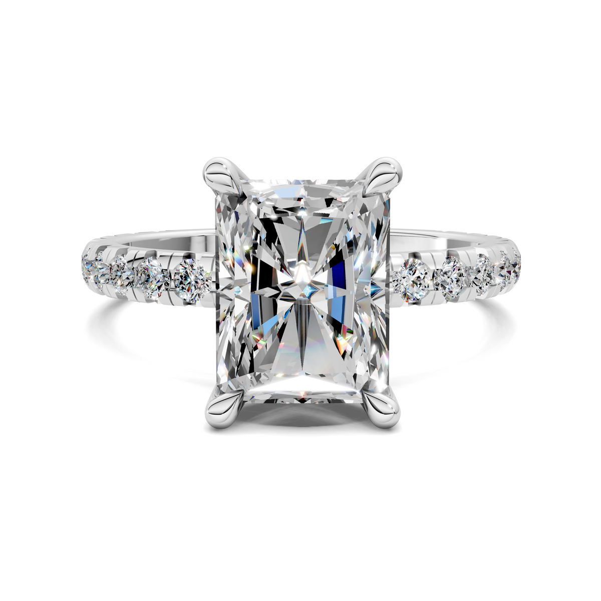 White gold claw-set square center engagement ring with round diamond side accents
