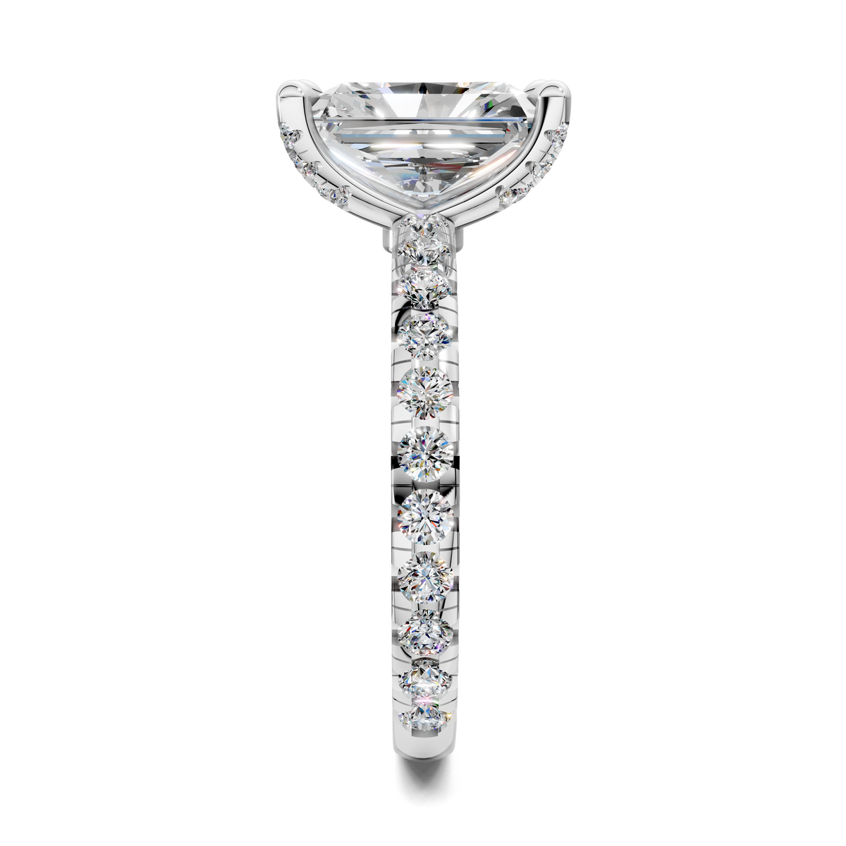 White gold claw-set marquise top with vertical row of round diamonds on the band