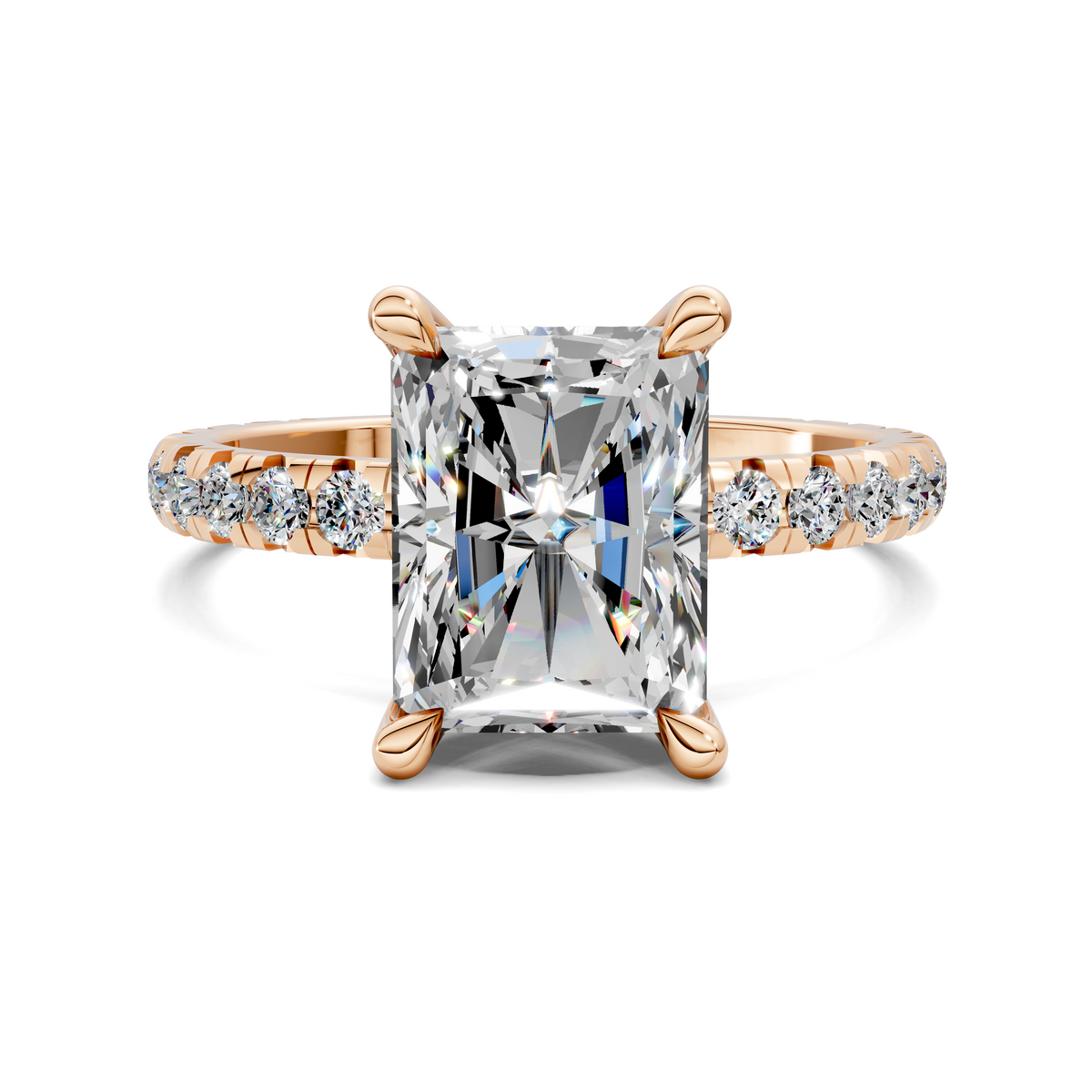 Rose gold claw-set square center engagement ring with round diamond side accents