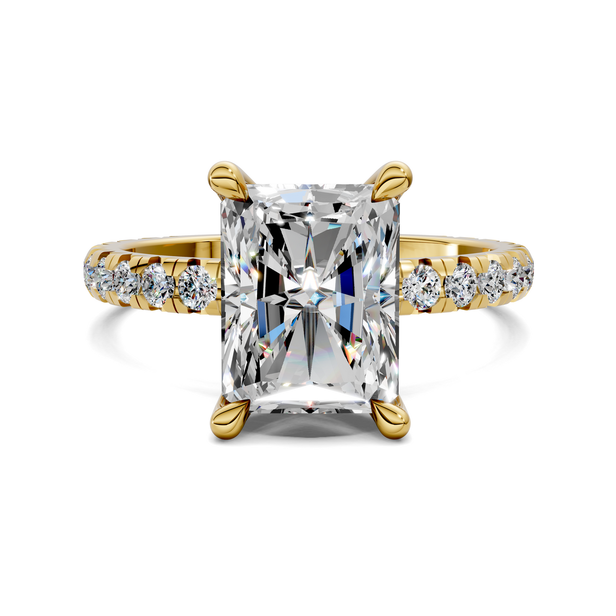 Yellow gold claw-set square center engagement ring with round diamond side accents