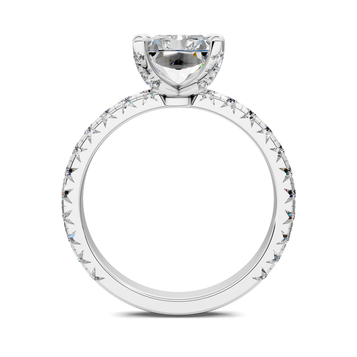 White gold diamond-accent ring with open top and small stones around the band