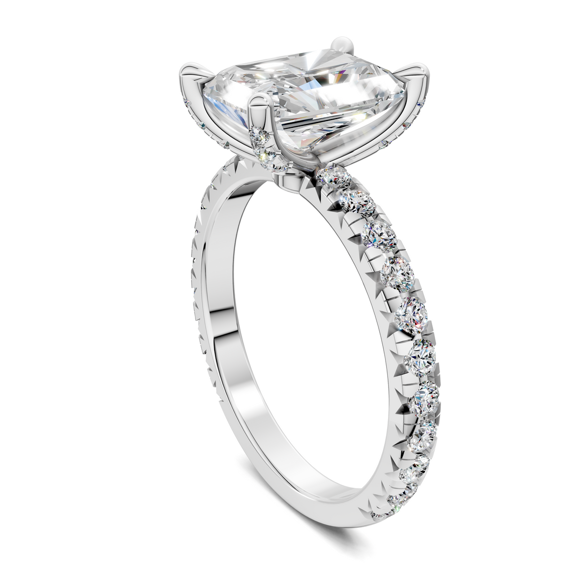 White gold claw accent ring with large clear gemstone and pavé band