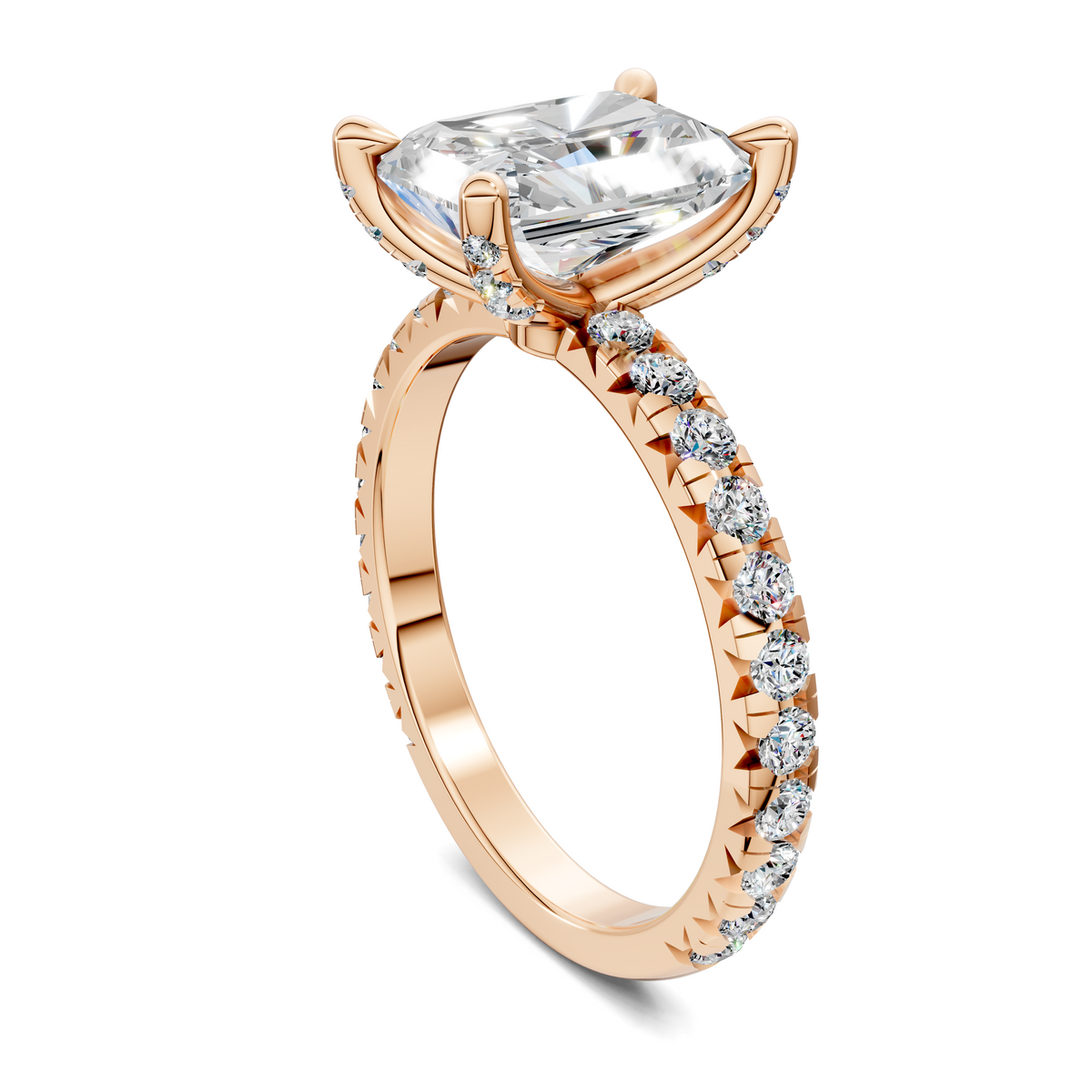 Opes claw accent ring in rose gold with marquise-cut clear center stone and pavé band