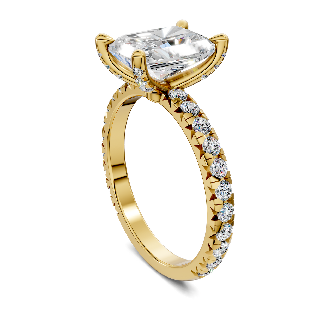 Yellow gold claw accent ring with large clear stone and pavé band