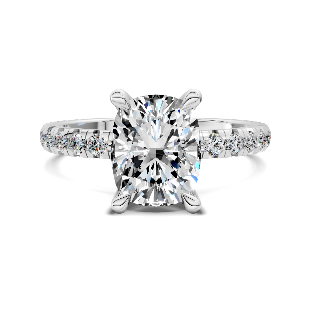 White gold claw-set ring with round center gemstone and side diamond accents
