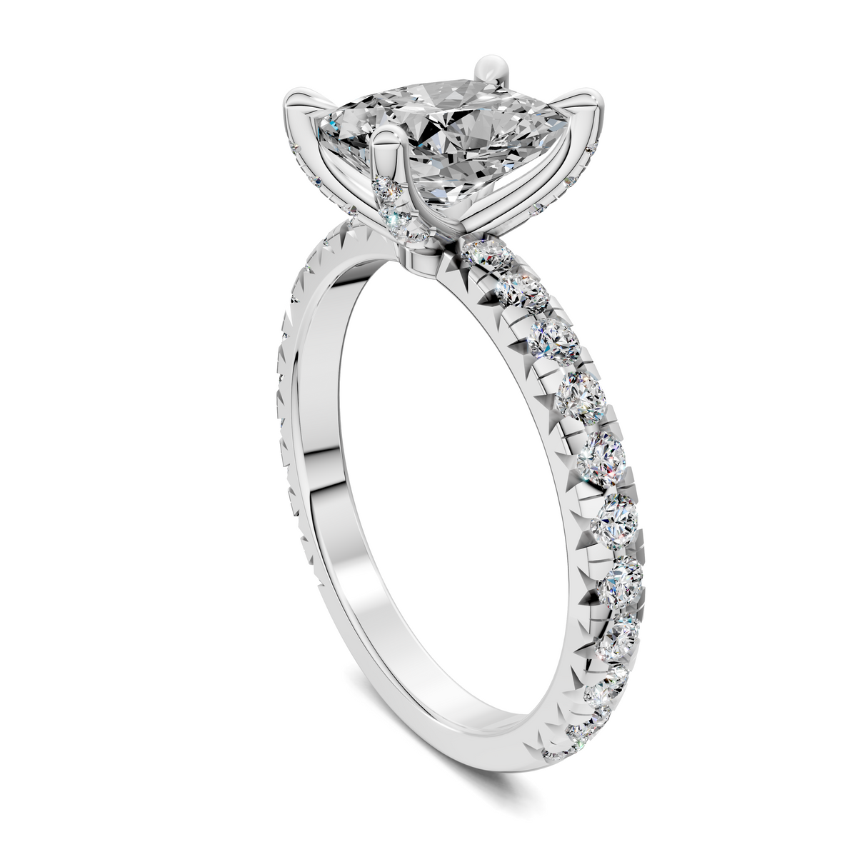 Opes claw accent ring in white gold with pear-cut center stone and pave band