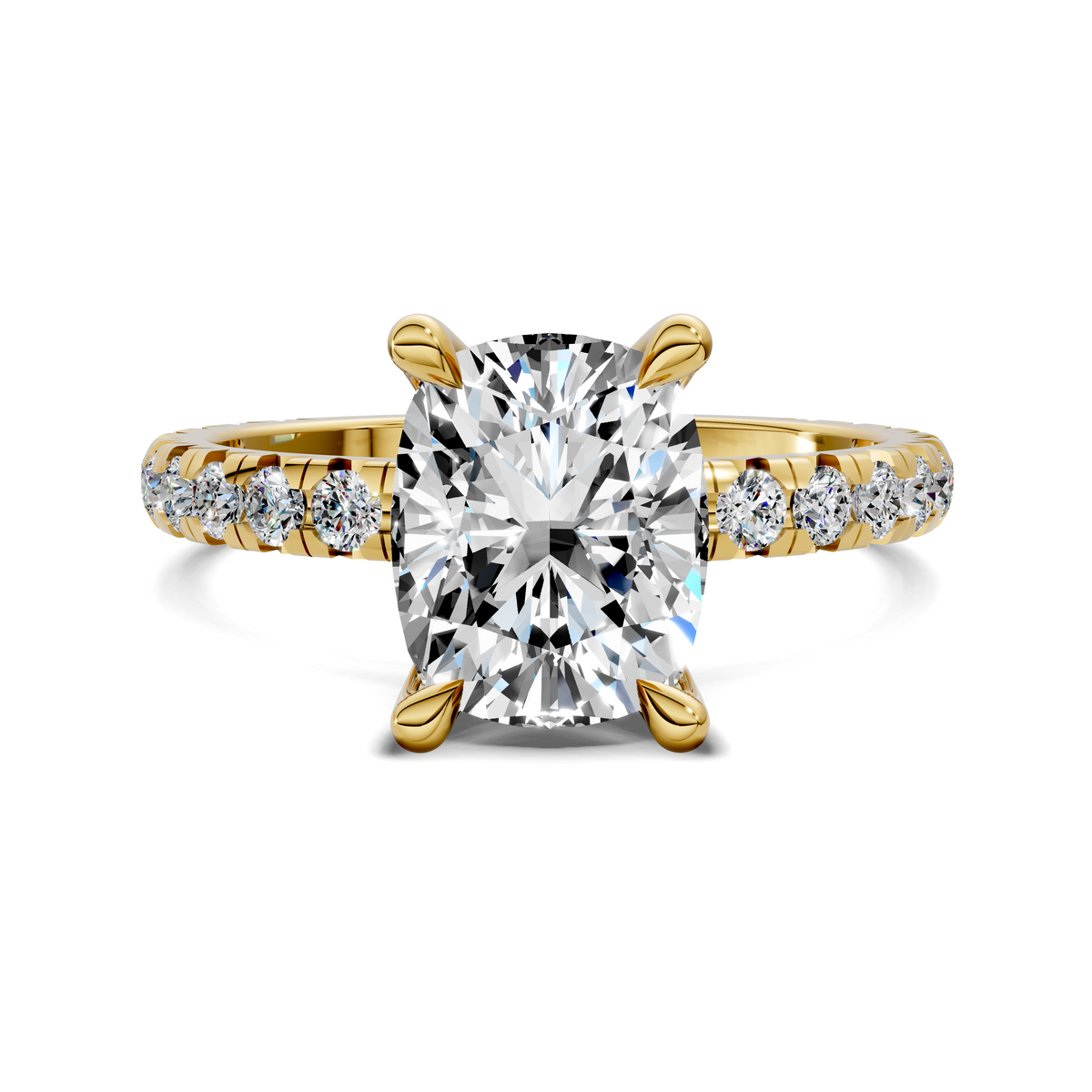 Yellow gold claw-set ring with round center gemstone and side diamond accents