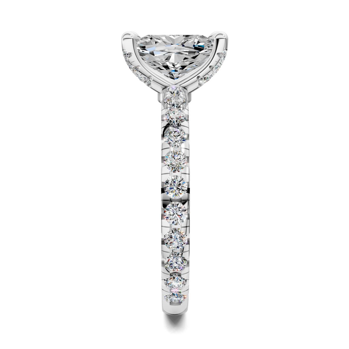 Claw accent ring in white gold with marquise center stone and diamond pavé band