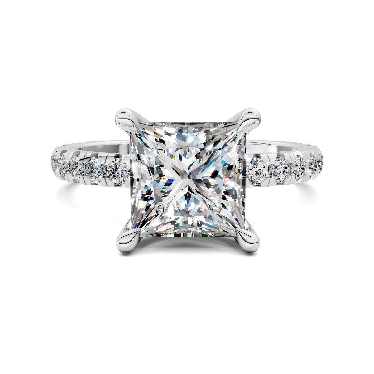 Claw accent diamond ring with square center stone and side pave diamonds, silver-tone