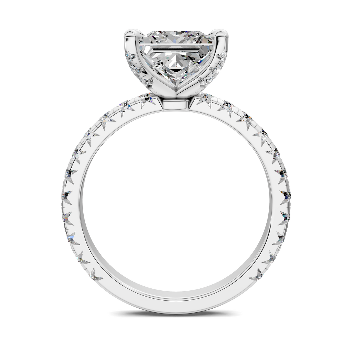 Claw accent diamond ring side view with round-shape pave details, silver-tone