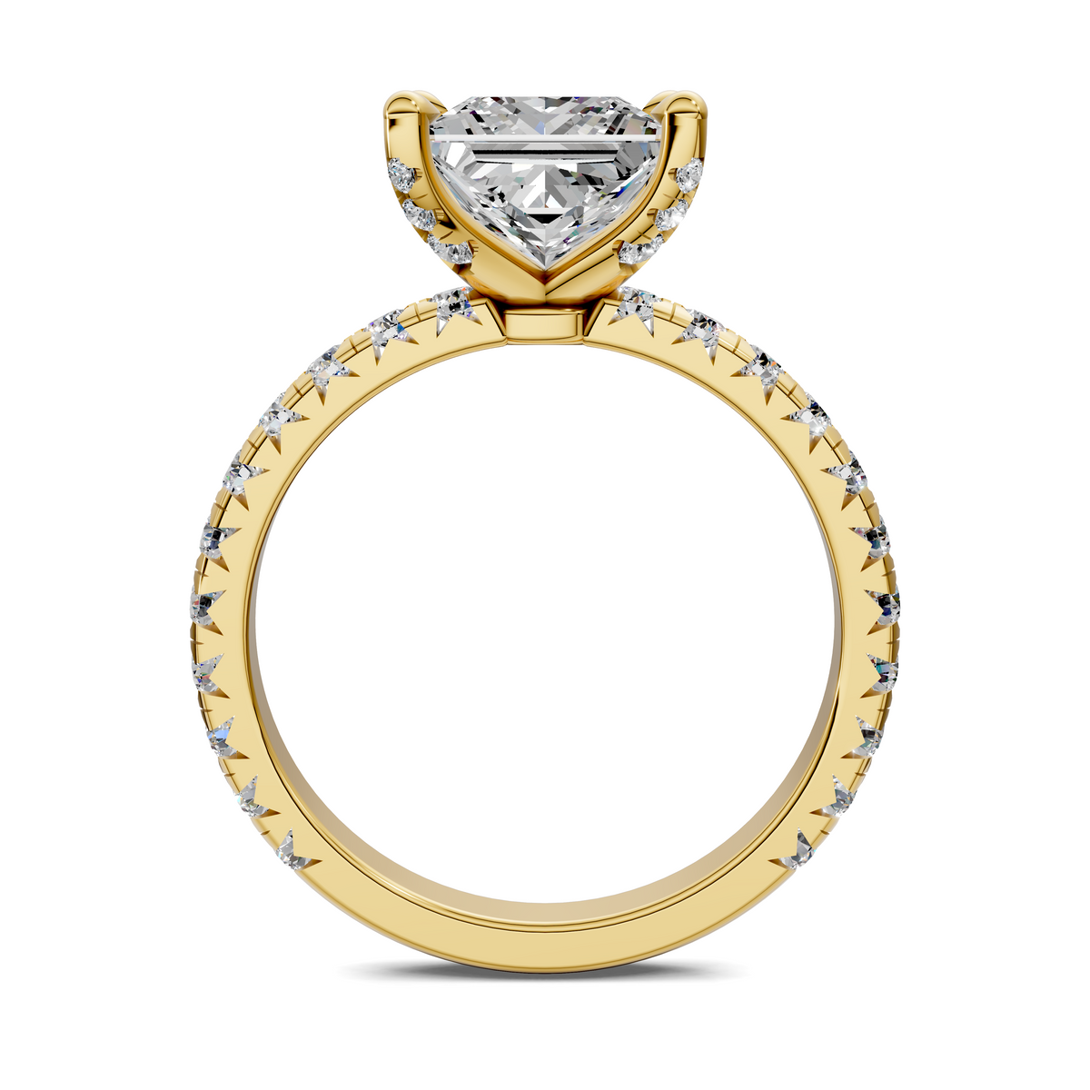 Claw accent diamond ring side view with circular pave edge, gold-tone