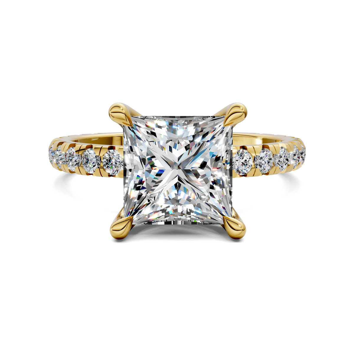 Claw accent diamond ring with square center stone and side pave diamonds, gold-tone
