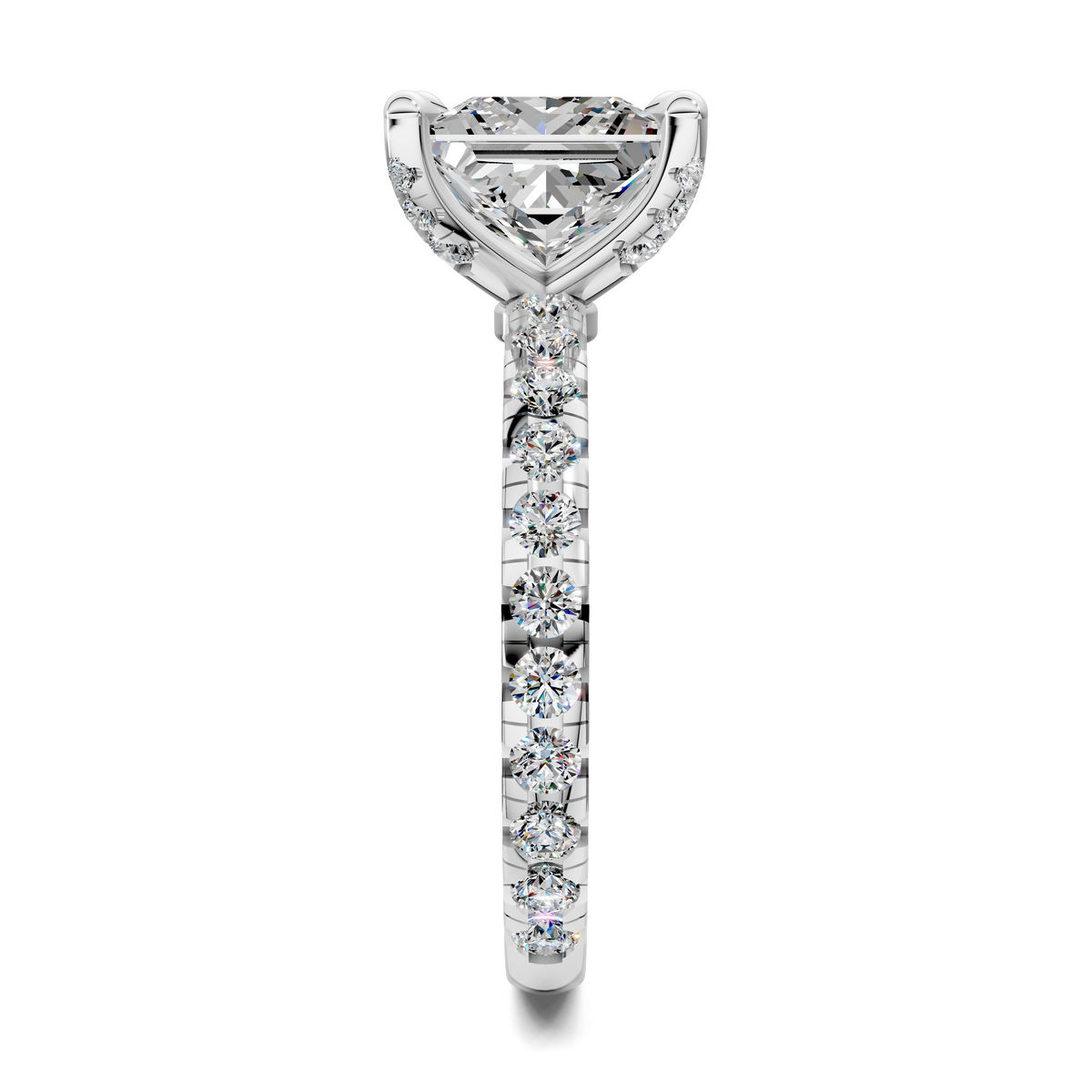 Claw accent diamond ring with elongated vertical row of stones, silver-tone