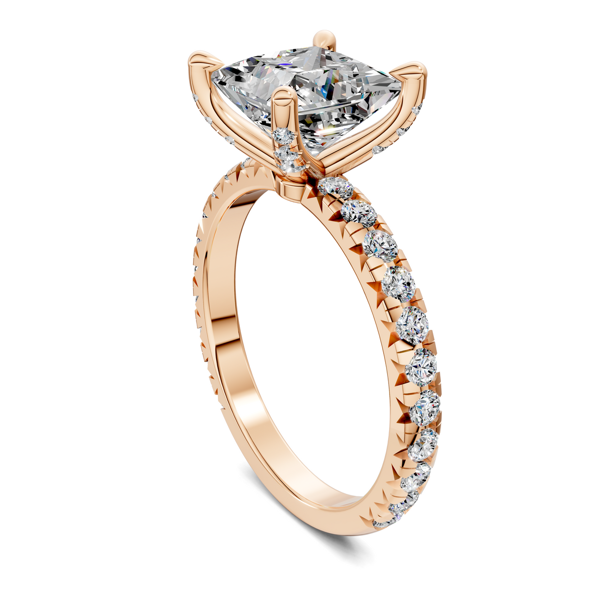 Claw accent diamond ring side view with prong-set center and pave stones, rose-gold tone