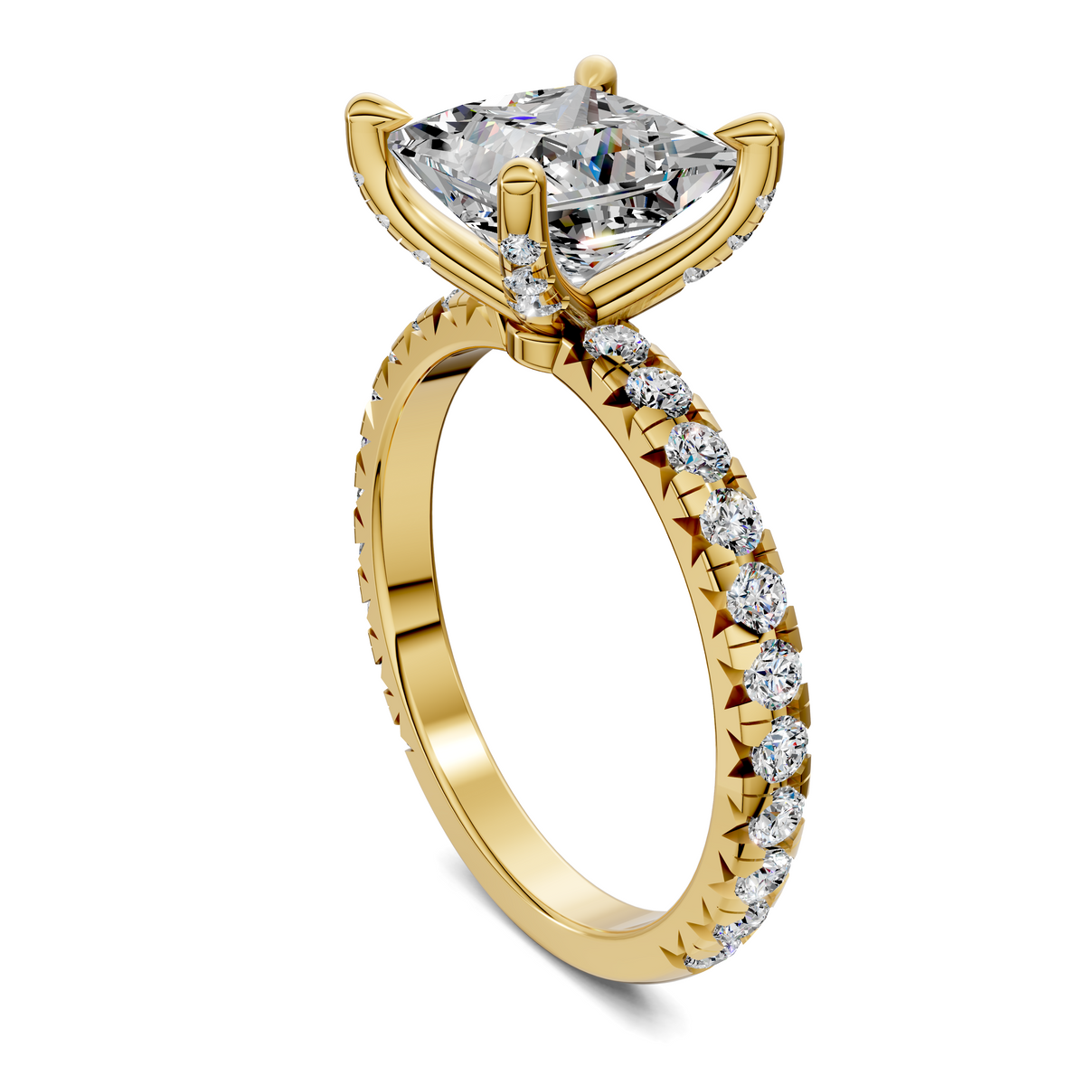 Claw accent diamond ring side view with prong-set center and pave band, gold-tone