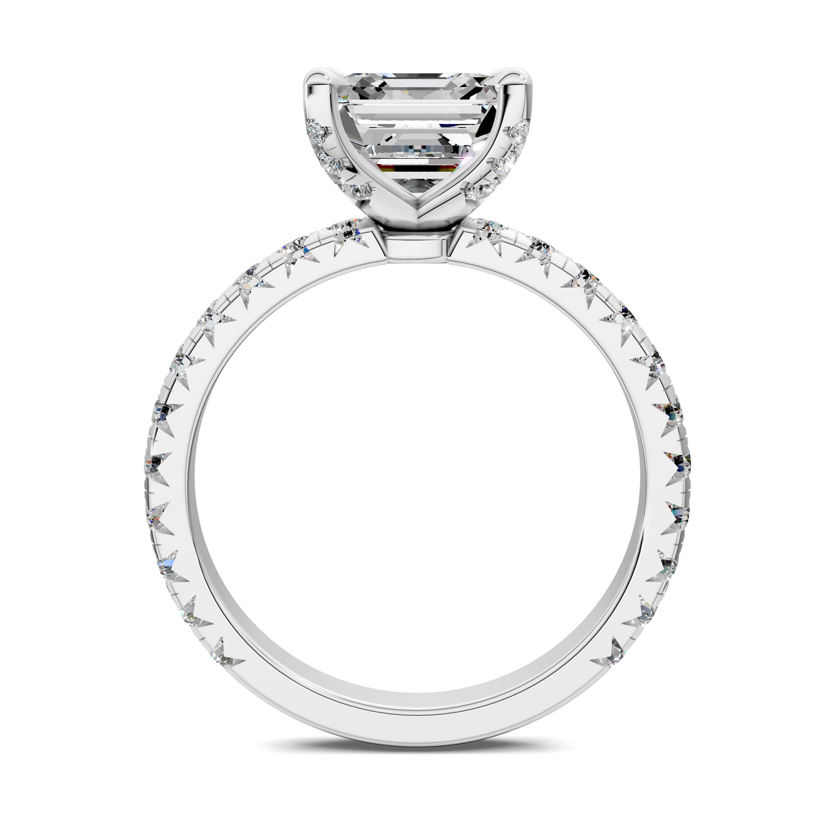 White gold diamond-lined circular shank with claw-set emerald-cut center top