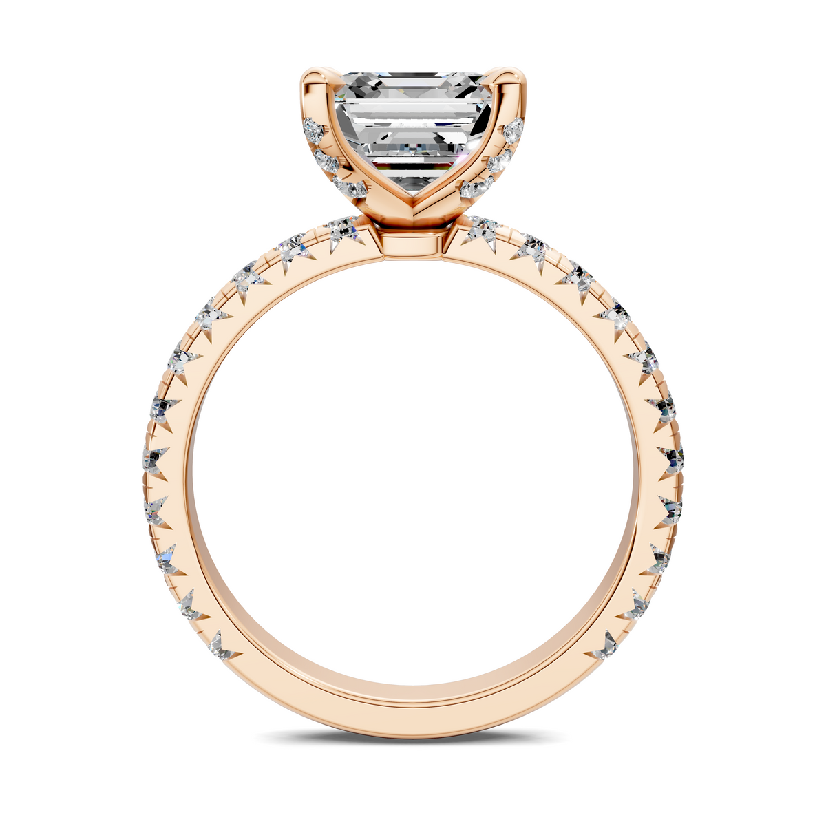 Rose gold claw-set accent ring with rectangular center stone and halo accents