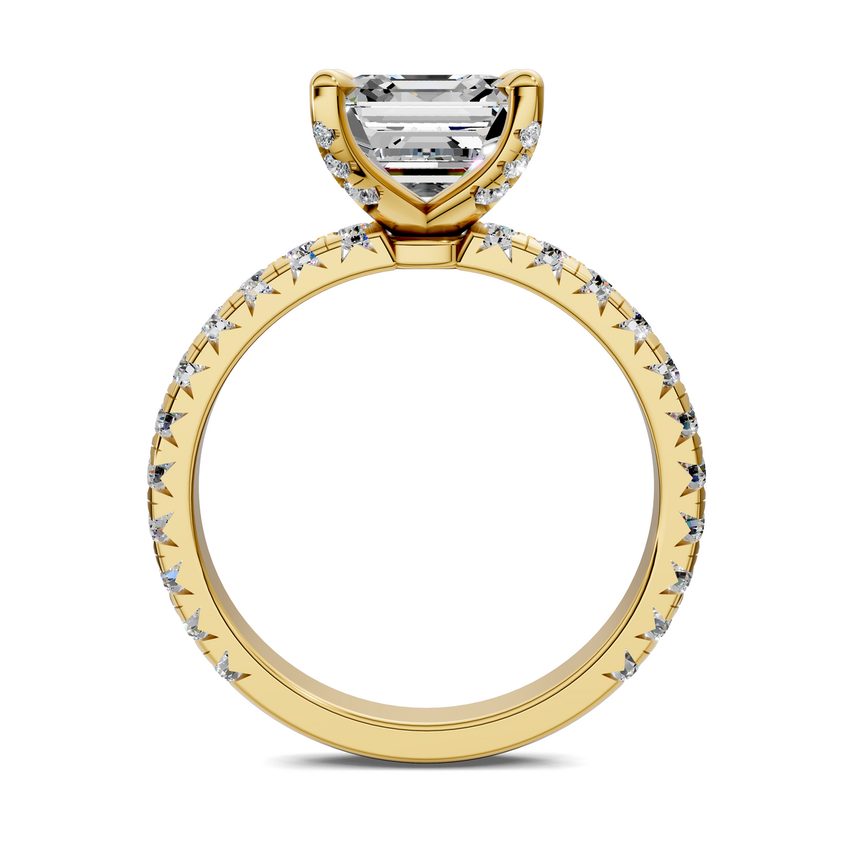 Yellow gold diamond-lined circular shank with claw-set emerald-cut center top