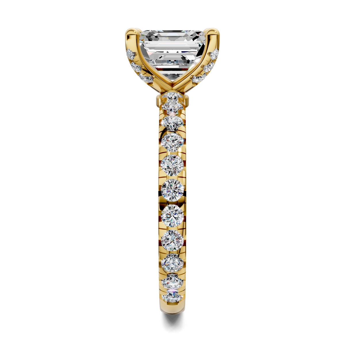 Yellow gold vertical diamond-studded band with claw-set emerald-cut top stone