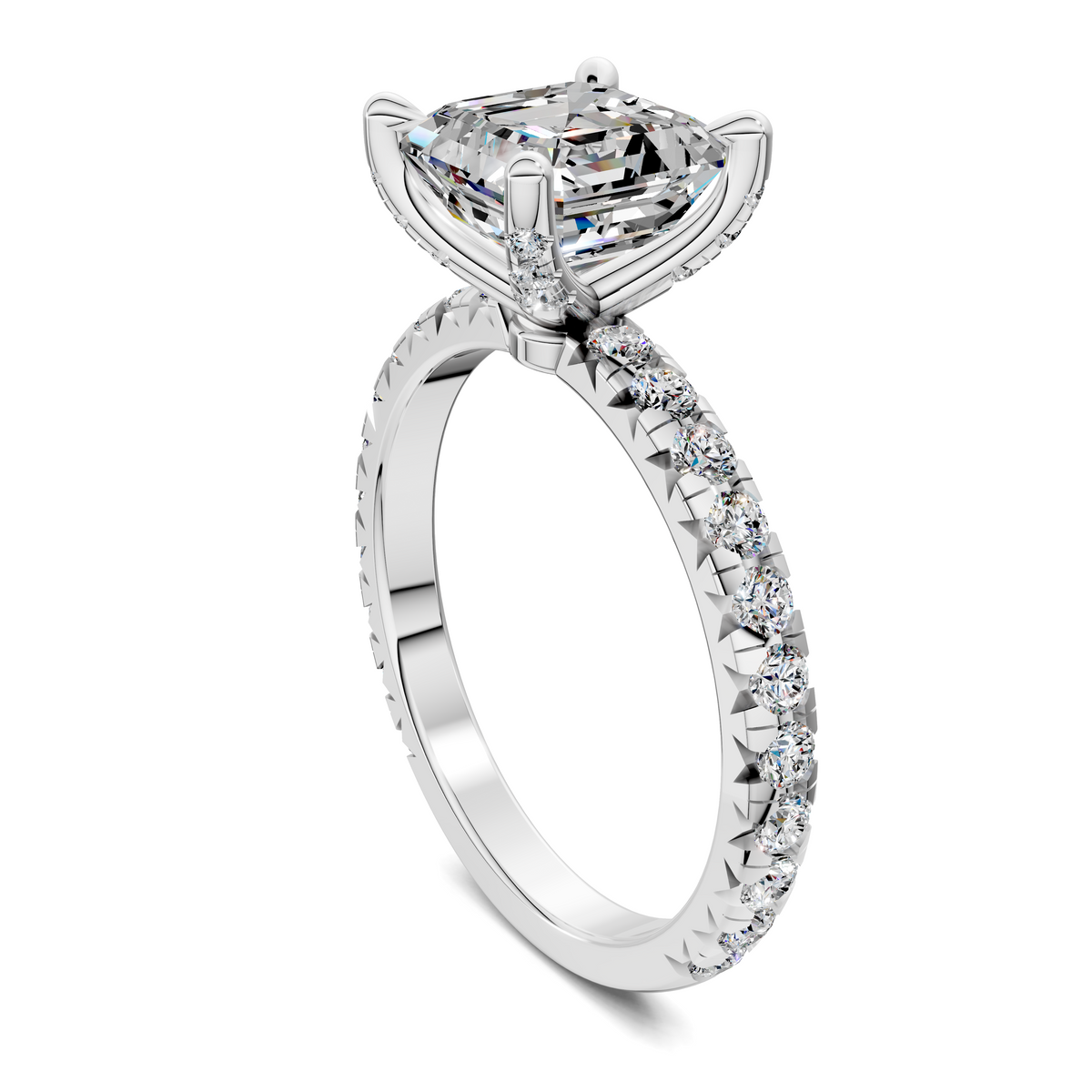 White gold claw accent ring with round-cut center stone and pavé band