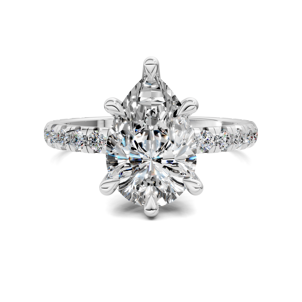 White gold claw-set gemstone ring with round center stone and diamond halo