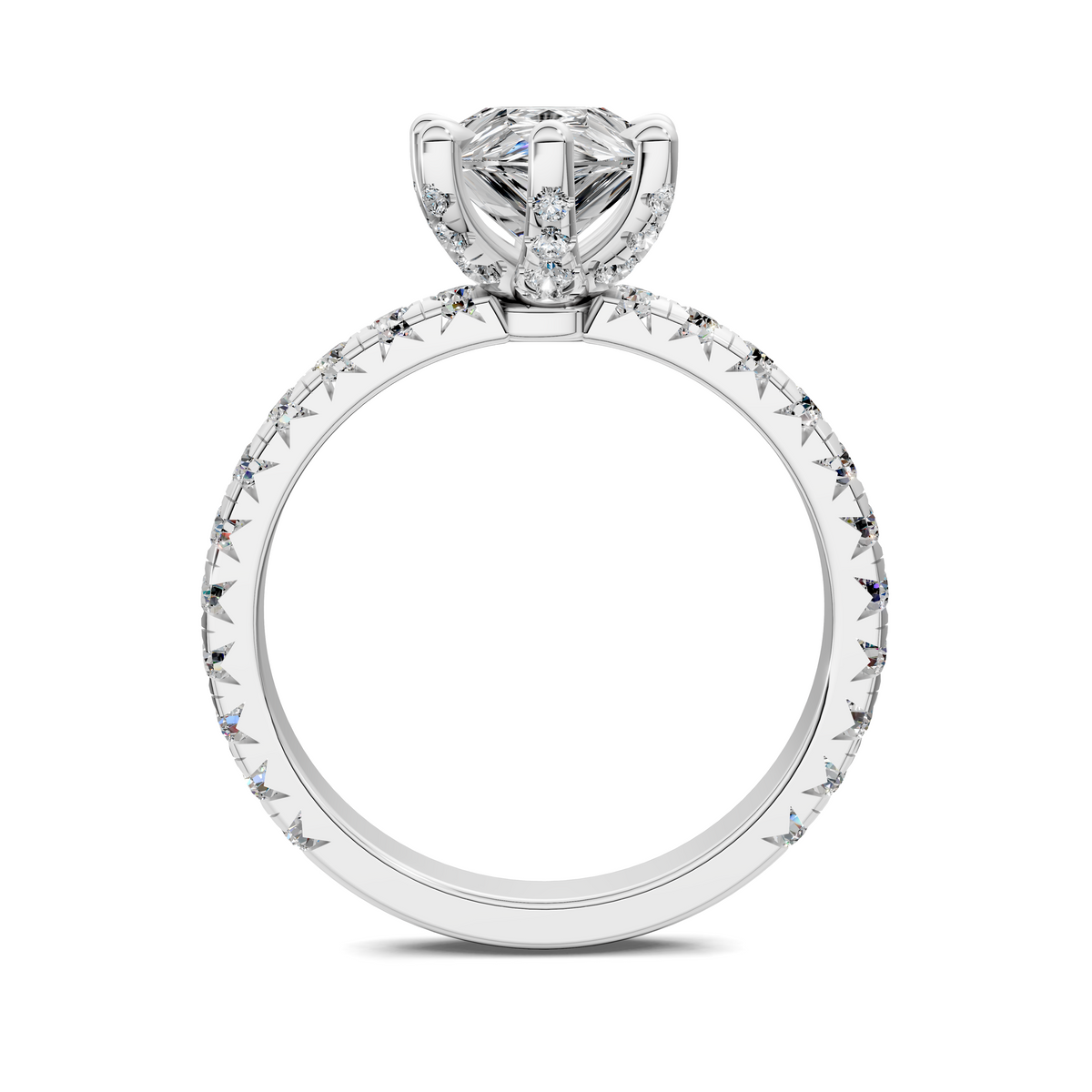 White gold halo gemstone ring with center claw setting and diamond border