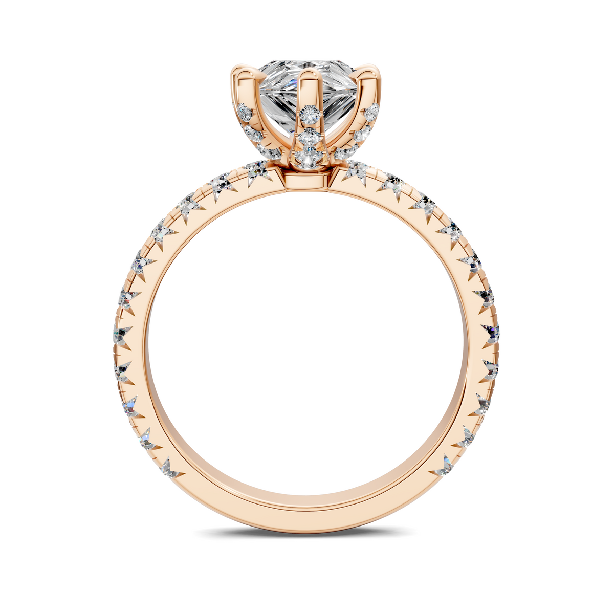 Rose gold halo gemstone ring with center claw setting and diamond accents