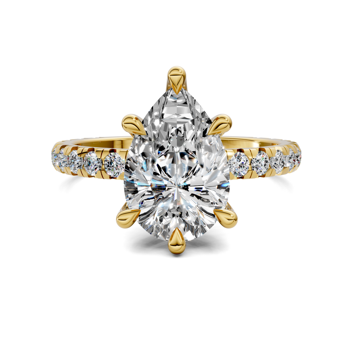 Yellow gold claw accent ring with pear-cut center stone and pavé band