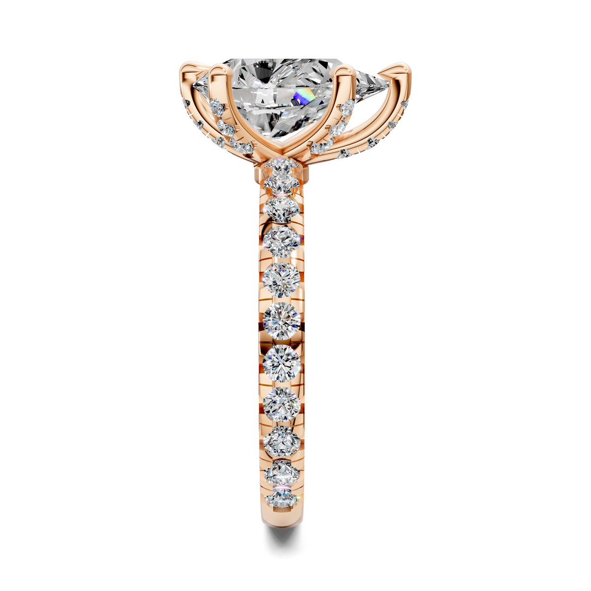 Rose gold claw-set gemstone ring with marquise top and vertical diamond band