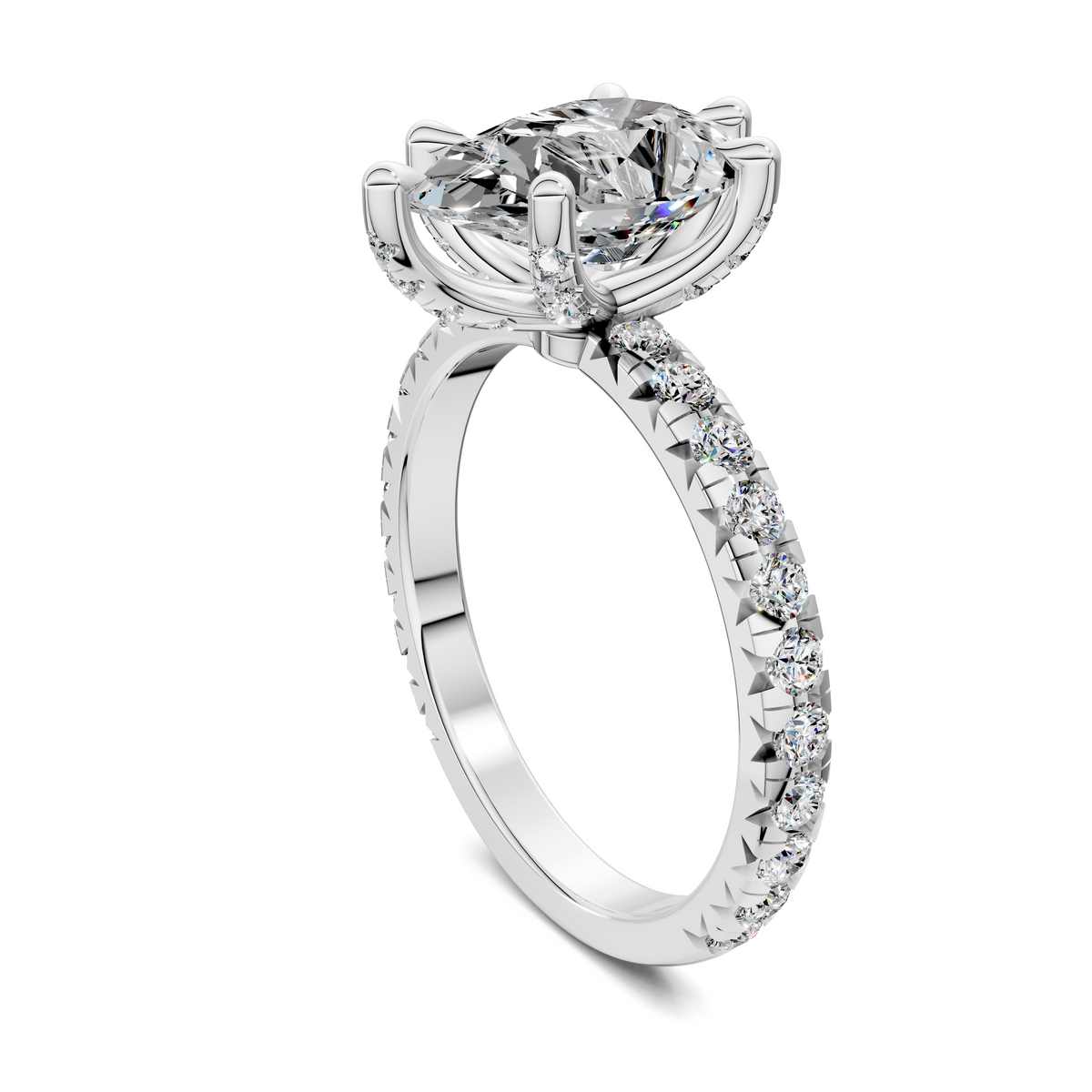 Claw accent ring in white metal with oval-cut center stone and pavé-set band