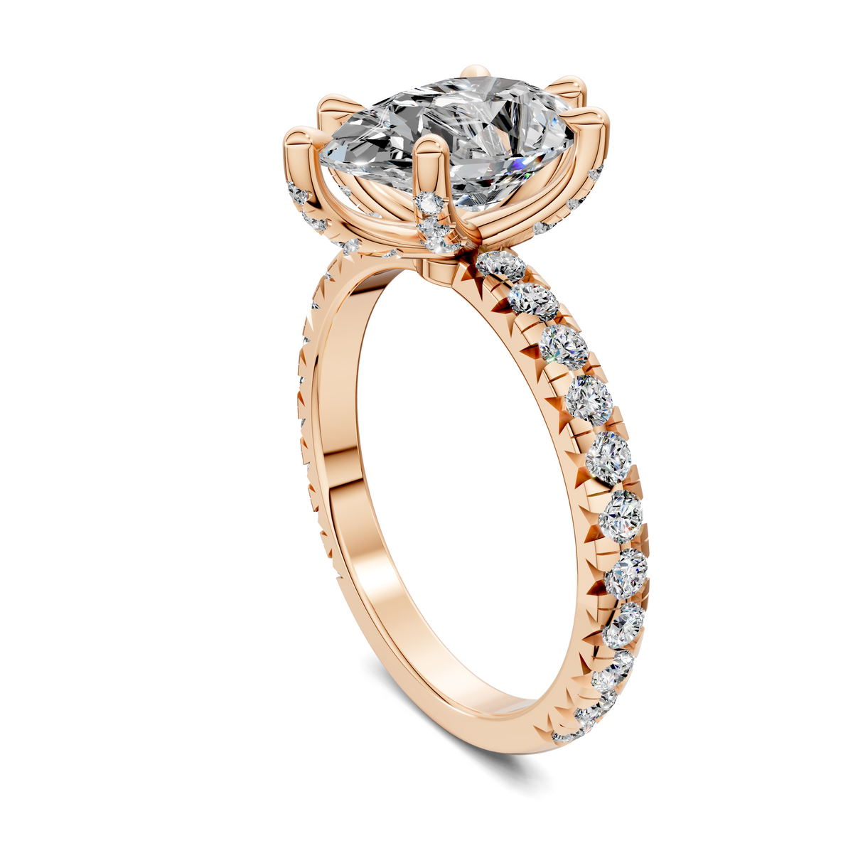 Opes claw accent ring in rose gold with marquise-cut center stone and pavé band