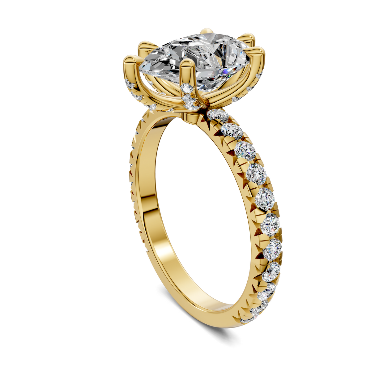 Yellow gold claw accent ring with pear-cut center stone and pavé diamond band