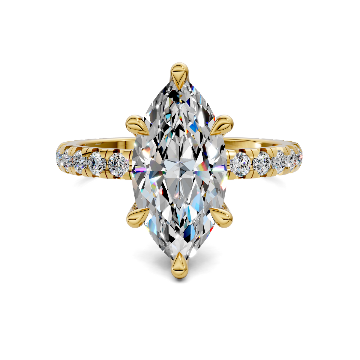 Gold ring with marquise clear stone and diamond-accent band